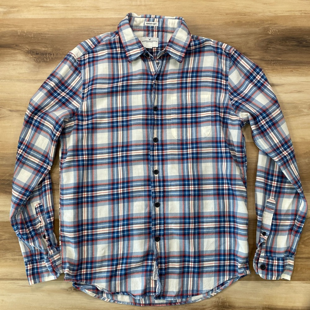 American Eagle Flannel Shirt Medium Plaid Button Down Cotton Soft Blue Red White